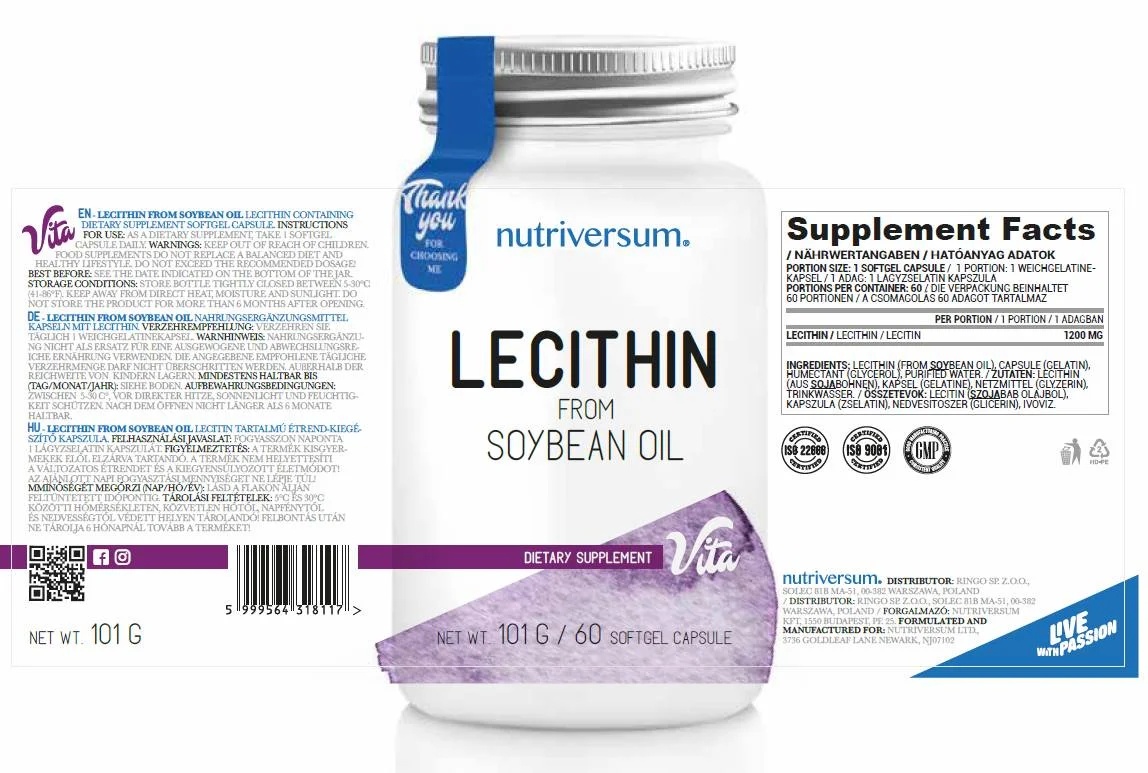 Nutriversum Lecithin 1200 mg | From Soybean Oil 60 softs / 60 servs-factsheets