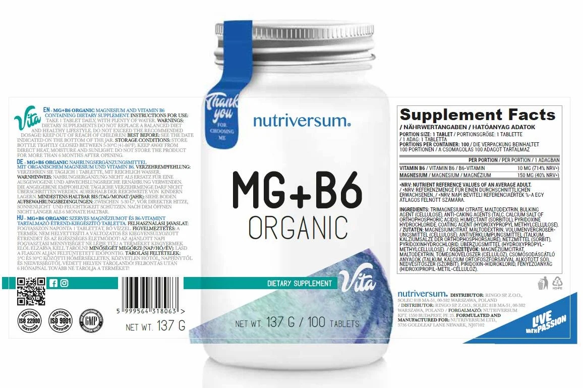 Nutriversum MG + B6 | Organic Magnesium + Vitamin B6 - 100 tabs-factsheets