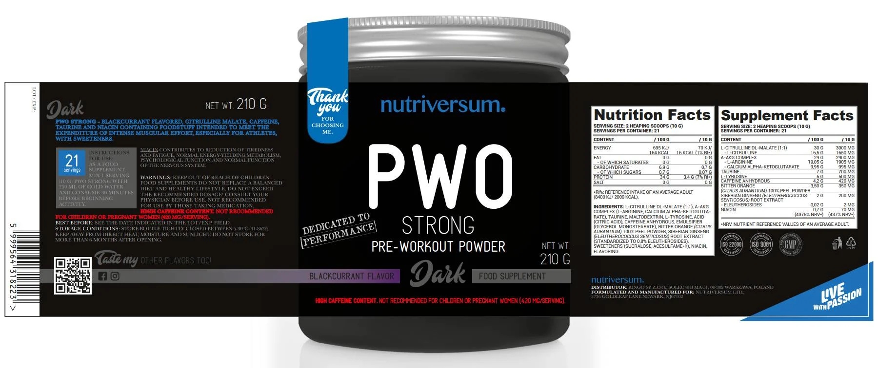 Nutriversum PWO Strong | Pre-Workout - 210 gr / 21 servs-factsheets