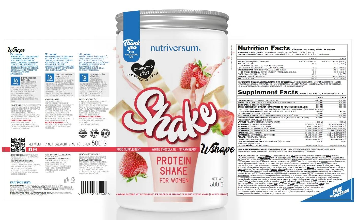 Nutriversum Shake | Fat Burning Protein Shake for Women - 500 gr / 16 servs-factsheets