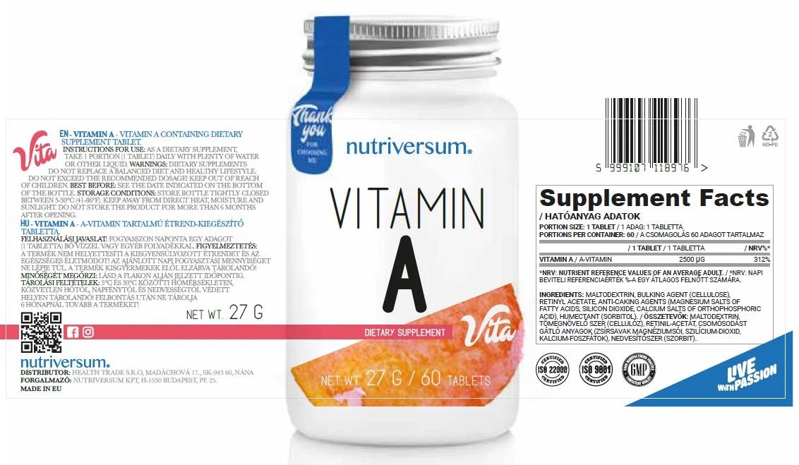 Nutriversum Vitamin A 2500 mcg - 60 tabs / 60 servs-factsheets