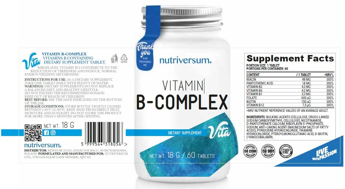 Nutriversum Vitamin B-Complex - 60 tabs / 60 servs-factsheets