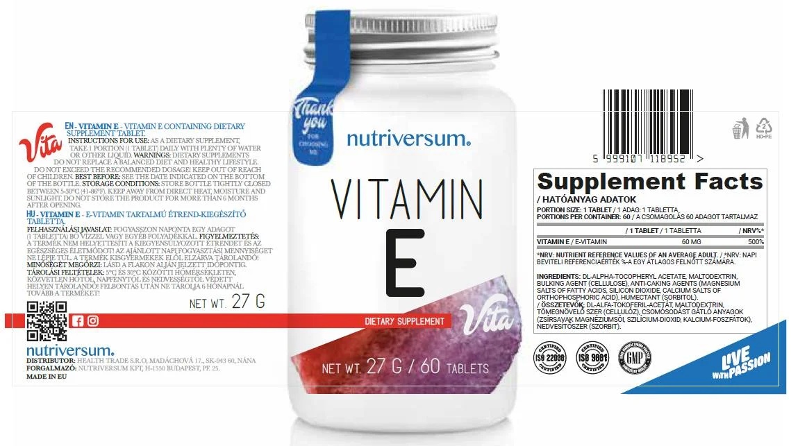 Nutriversum Vitamin E 60 mg - 60 tabs / 60 servs-factsheets