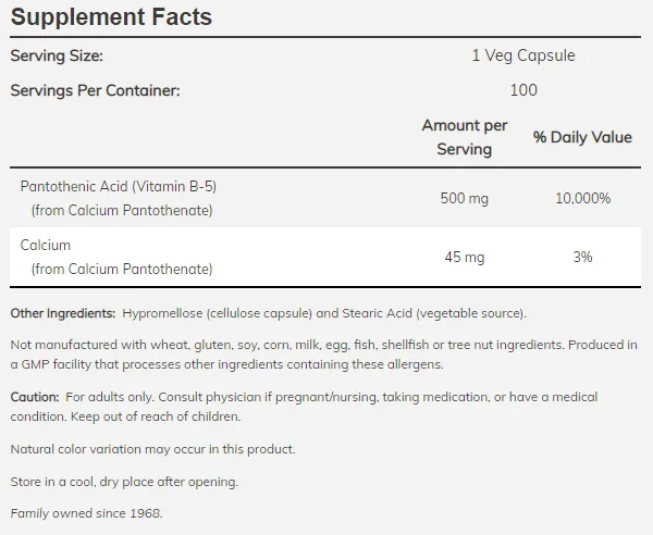 NOW Pantothenic Acid 500mg (Vitamin B5)-factsheets