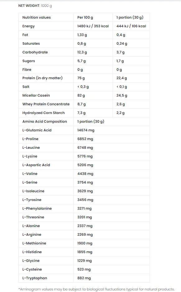 Micellar Casein 100% 1000g-factsheets