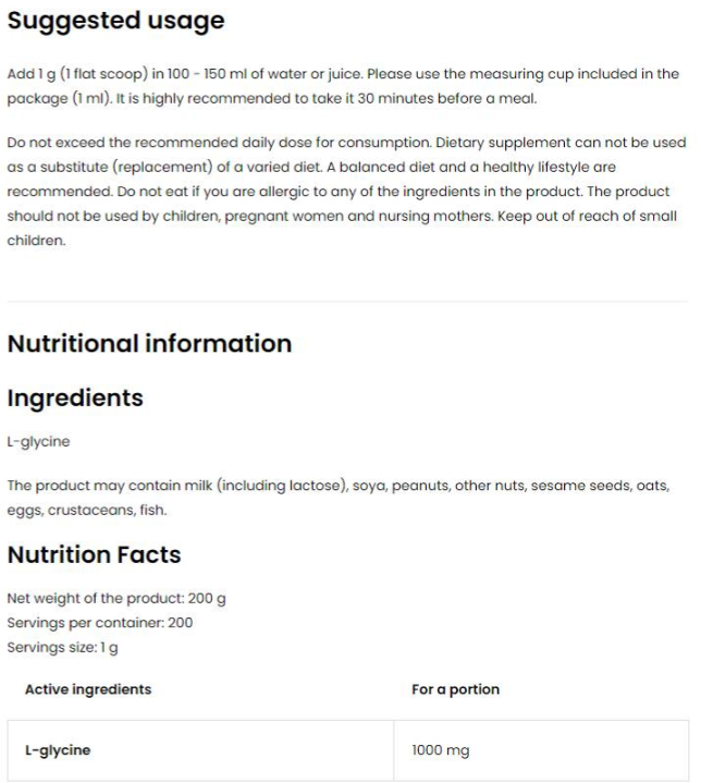 OstroVit Pure L-Glycine Powder-factsheets