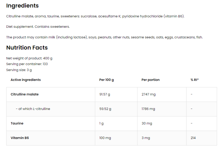 OstroVit Citrulline Malate Powder-factsheets