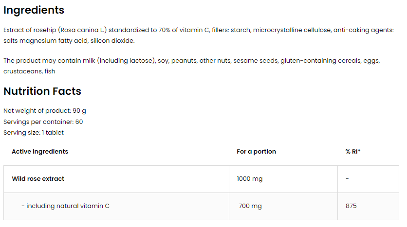 OstroVit Vitamin C From Rose Hips / 700 mg Natural Vitamin C-factsheets
