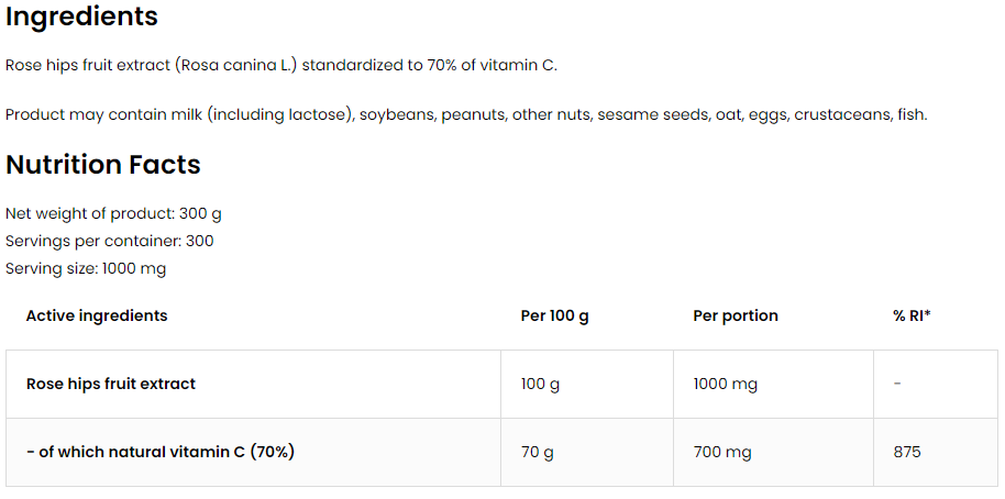 OstroVit Pure Natural Vitamin C with Rose Hips Powder-factsheets