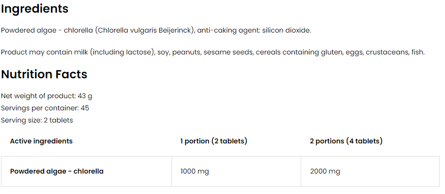 OstroVit Chlorella 500 mg-factsheets