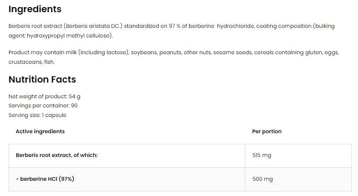 OstroVit Berberine HCl 500 mg | 97% Berberis Root Extract 90Caps-factsheets