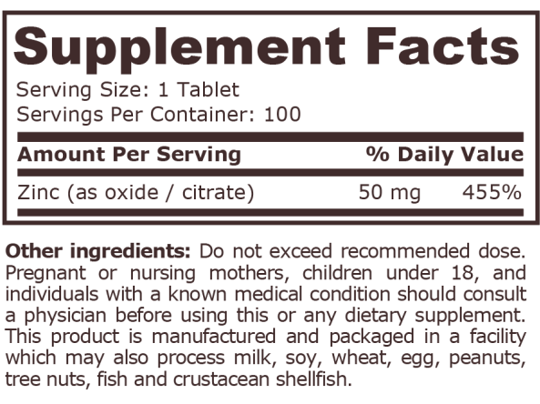 Pure Nutrition Zinc Complex 50mg 100Tabs-factsheets