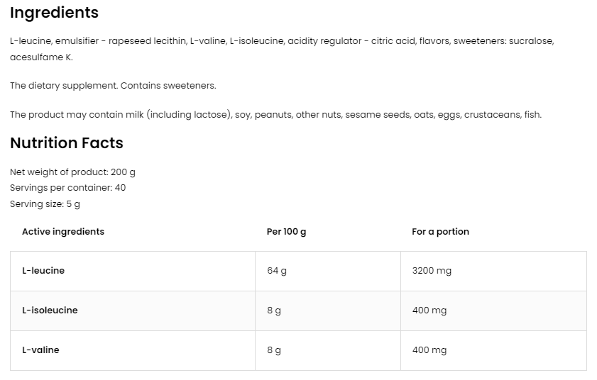 OstroVit BCAA 8:1:1 Powder-factsheets