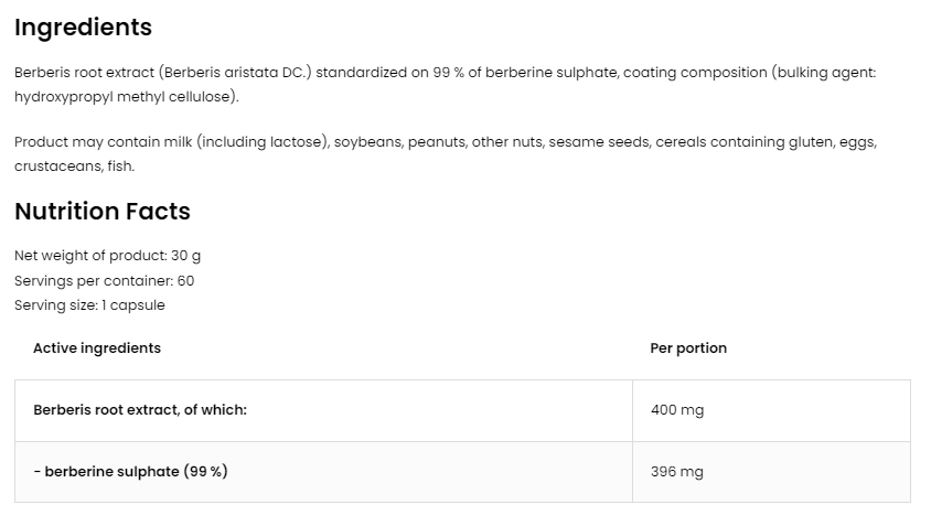 OstroVit Berberine Sulphate 396 mg | 99% Berberis Root Extract-factsheets