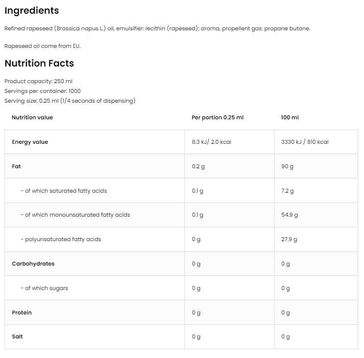 OstroVit Cooking Spray - Butter-factsheets