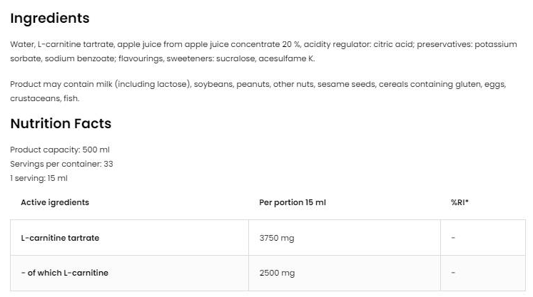 OstroVit L-Carnitine 125.000 Tartrate Liquid-factsheets