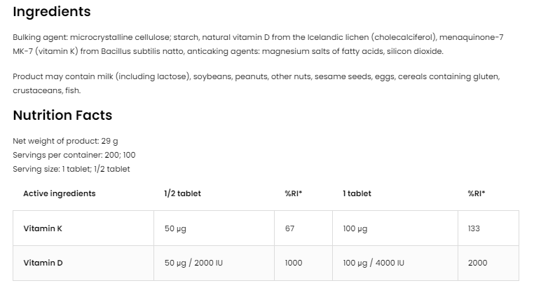 OstroVit Vitamin D3 4000 IU + K2 100 mcg | Vege-factsheets