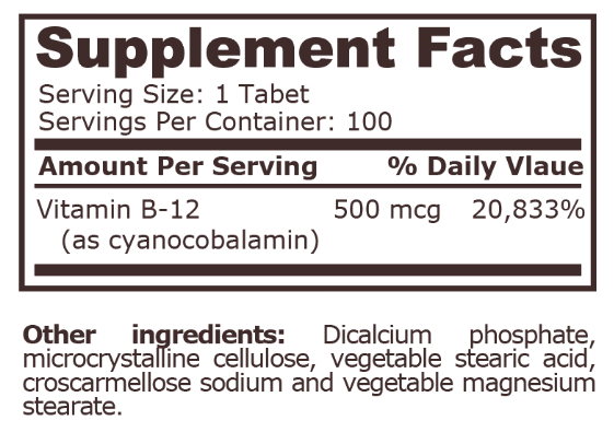 Pure Nutrition Vitamin B-12 | Cyanocobalamin 500 mcg-factsheets