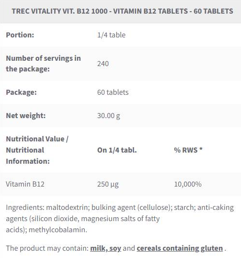 Trec Nutrition Vit. B12 1000 | Vitamin B12 Methylcobalamin-factsheets