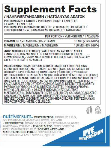 Nutriversum MG + B6 | Organic Magnesium + Vitamin B6-factsheets