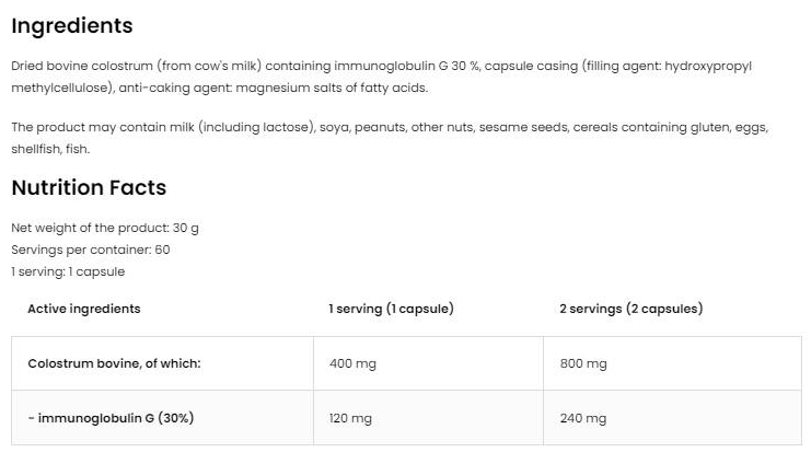 OstroVit Pharma Colostrum Bovine 400 mg | 30% Immunoglobulin G-factsheets
