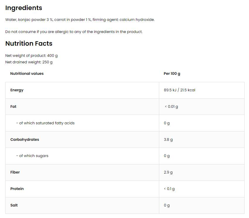 OstroVit Diet Spaghetti + Carrot / Keto-Friendly Low-Calorie Konjac Noodles-factsheets