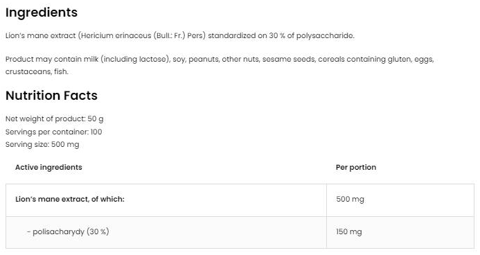 OstroVit Vege Lion's Mane Powder-factsheets