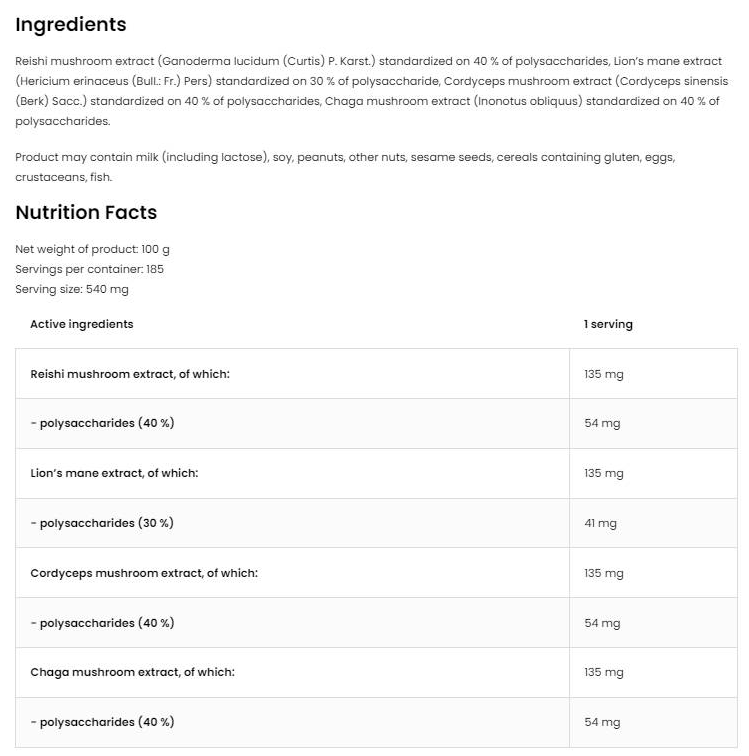 OstroVit Vege Quatro Mushroom Blend Powder | Lion's Mane ~ Reishi ~ Cordyceps ~ Chaga-factsheets