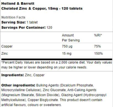 Holland And Barrett Chelated Zinc & Copper 15 mg-factsheets
