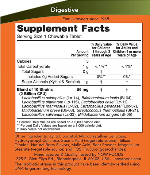 NOW Kids BerryDophilus 4 Strains 2 Billion CFU 10 Probiotic Strains-factsheets