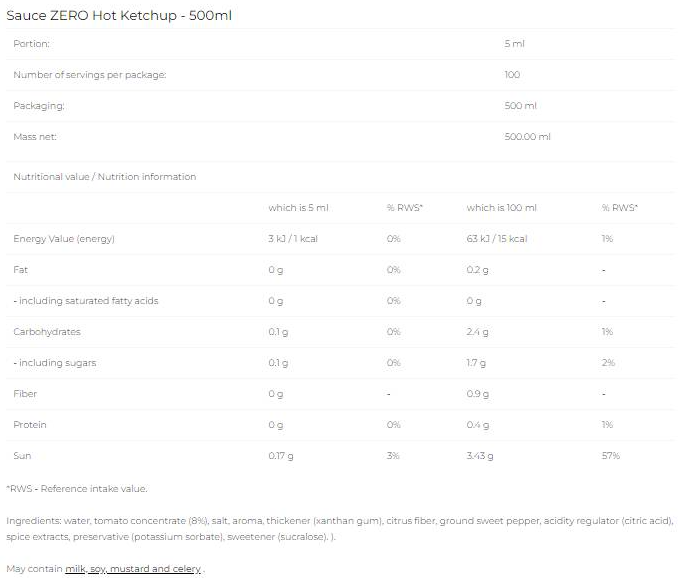 6PAK Nutrition Sauce Zero - Hot Ketchup-factsheets