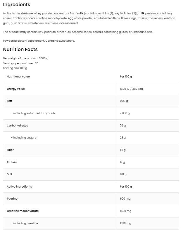 OstroVit Anabolic Gainer | Mass Gainer with Creatine & Taurine-factsheets