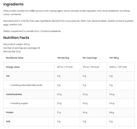 OstroVit Clear Whey Isolate | 84% Whey Protein Isolate ~ Zero Fat & Carbs-factsheets