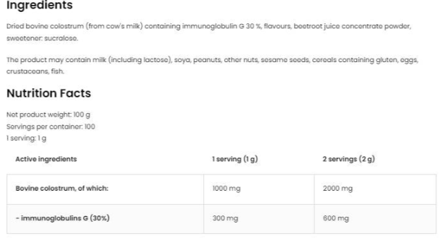 OstroVit Colostrum Bovine Powder | 30% Immunoglobulin G-factsheets