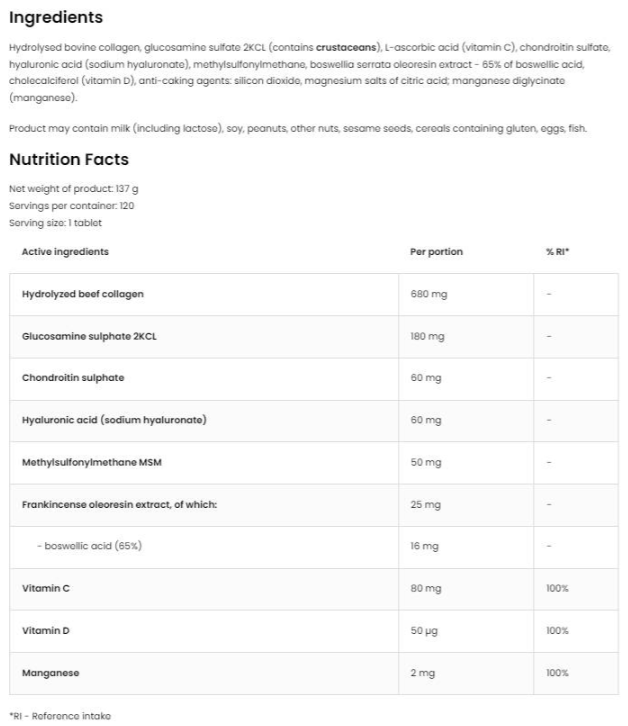 OstroVit Flex Regen | Collagen + Glucosamine, Chondroitin, MSM, Hyaluronic Acid-factsheets