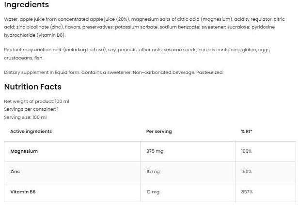 OstroVit Magnesium + Zn + B6 Shot-factsheets