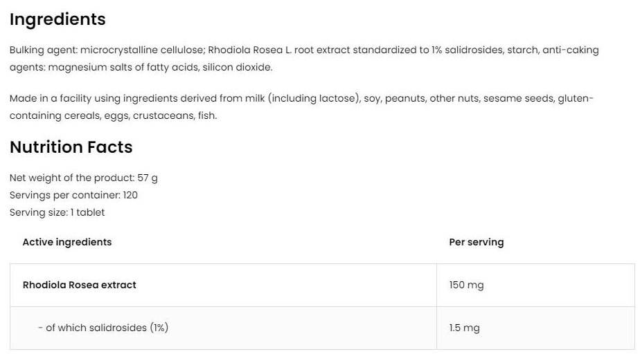 OstroVit Rhodiola Rosea 150 mg / Vege-factsheets