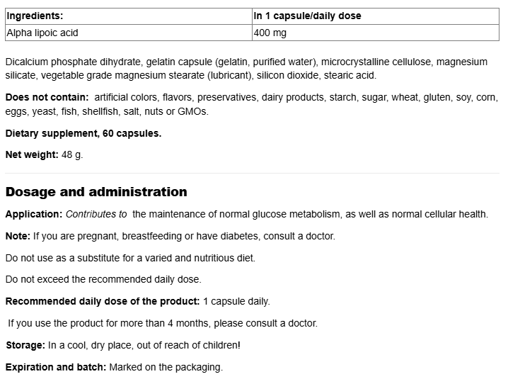 Natural Factors Alpha Lipoic Acid 400 mg-factsheets