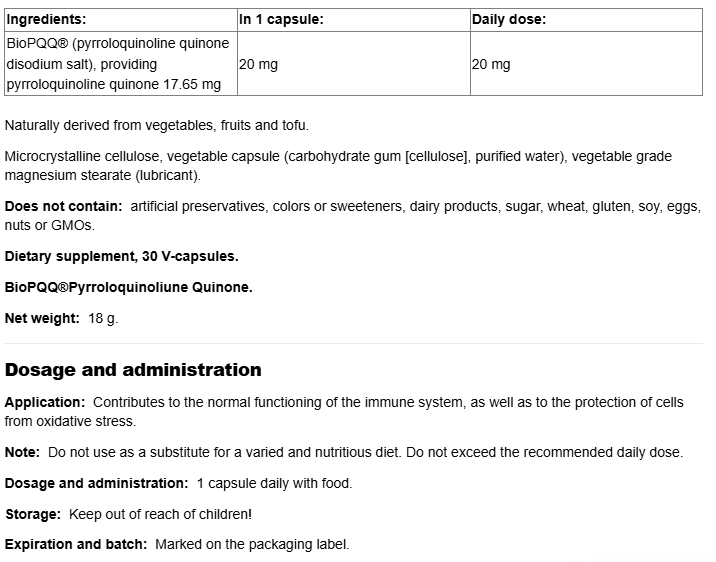 Natural Factors BioPQQ® Pyrroloquinoline quinone 20 mg-factsheets