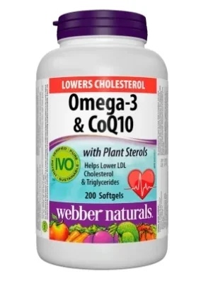 Webber Naturals Lowers Cholesterol Omega-3 & CoQ10+Plant Sterols/ Omega-3 - 200 softgels